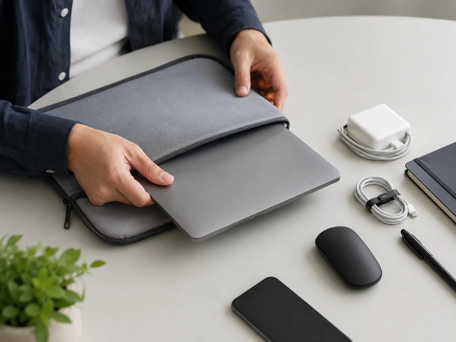 Laptop being packed and prepared with accessories